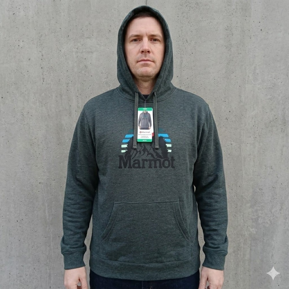 Mountain Sunset Graphic Marmot Hooded Sweatshirt XL NWT Dark Green